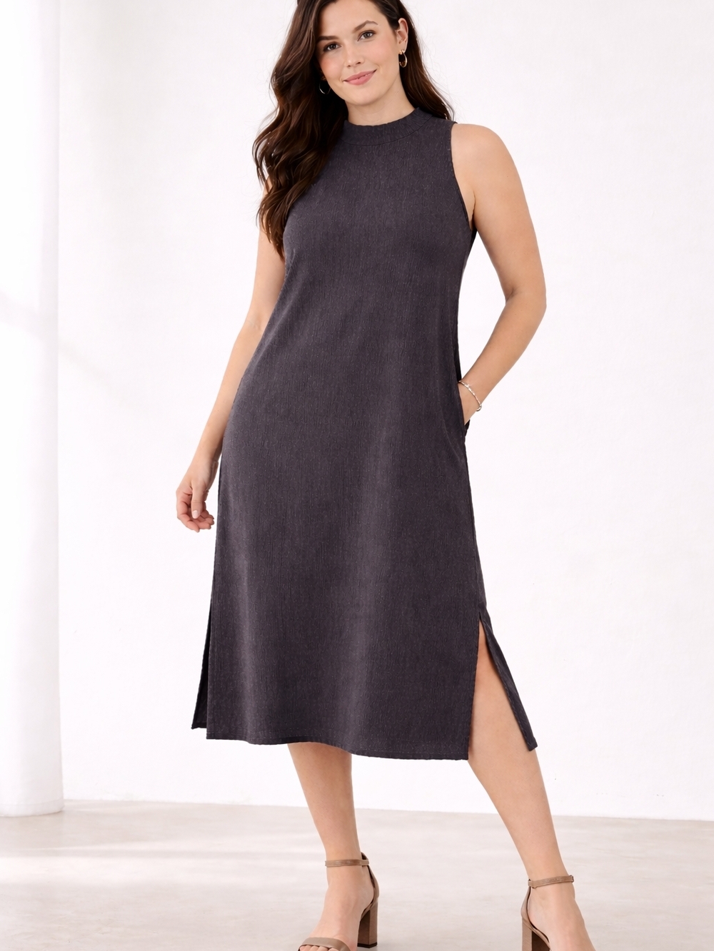 Eileen Fisher Charcoal Textured Sleeveless Shift Dress XL Side Slits